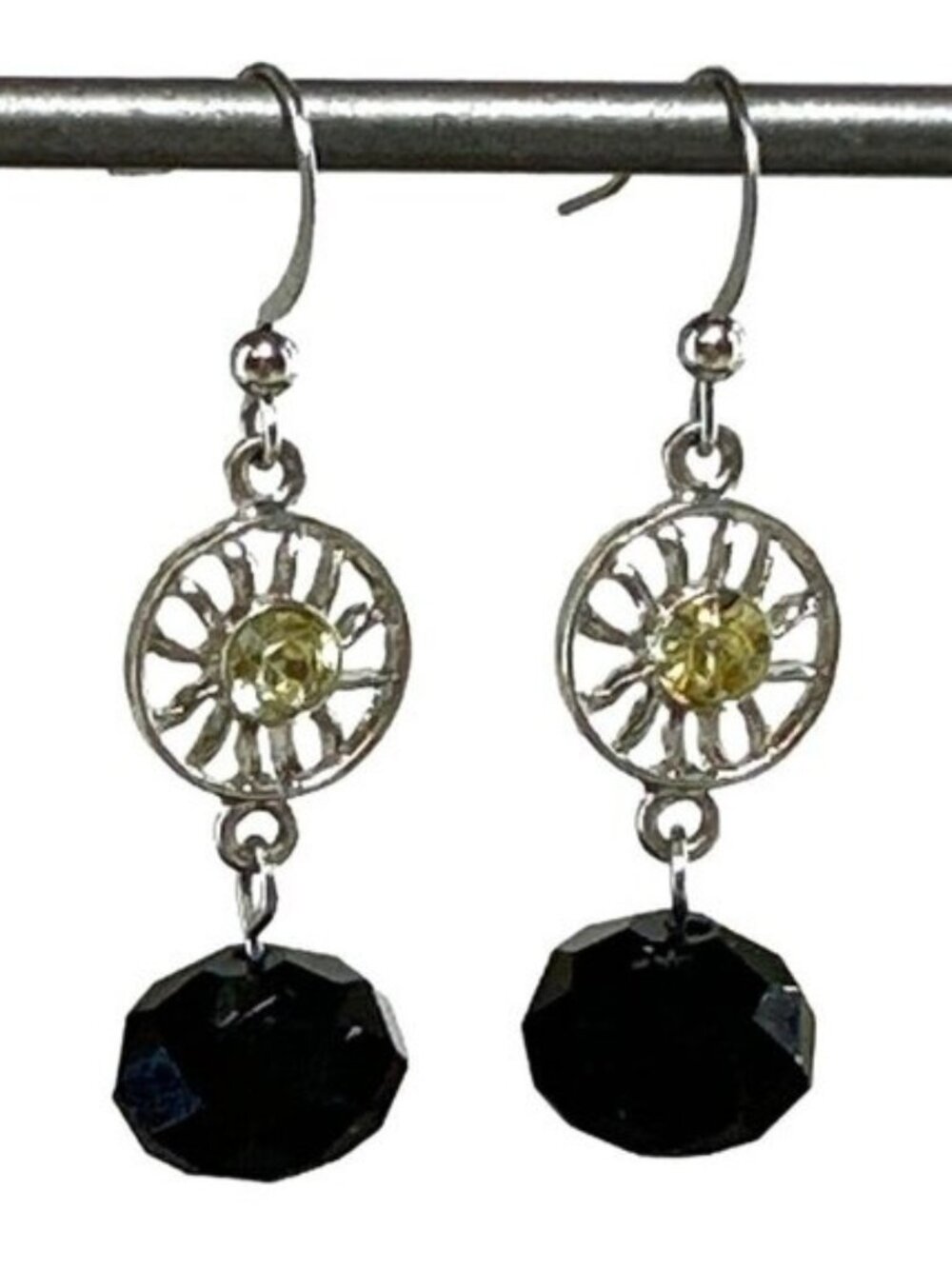 Dangle Earrings Yellow Rhinestone Center Black Beaded Womens Costume Jewelry